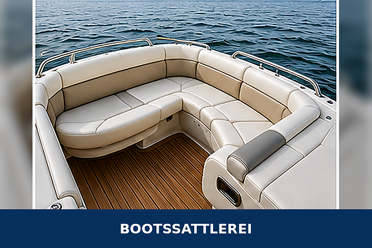 Bootssattlerei mit gepolsterter Sitzlandschaft im offenen Motorboot