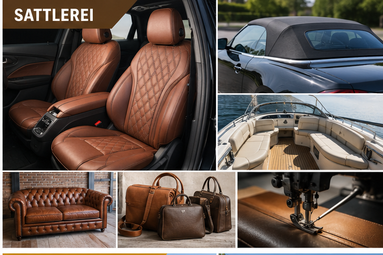 Collage aus Fahrzeugsitz, Bootspolster und Möbelpolsterung – Sattlerei und Polsterei bei LEUFEN