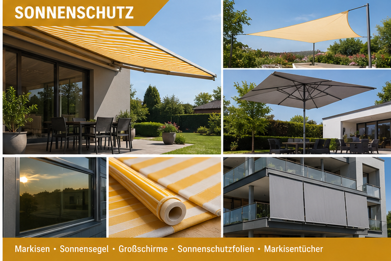 Collage aus Markise, Sonnensegel und Gro&szlig;schirm als individuelle Sonnenschutzl&ouml;sungen
