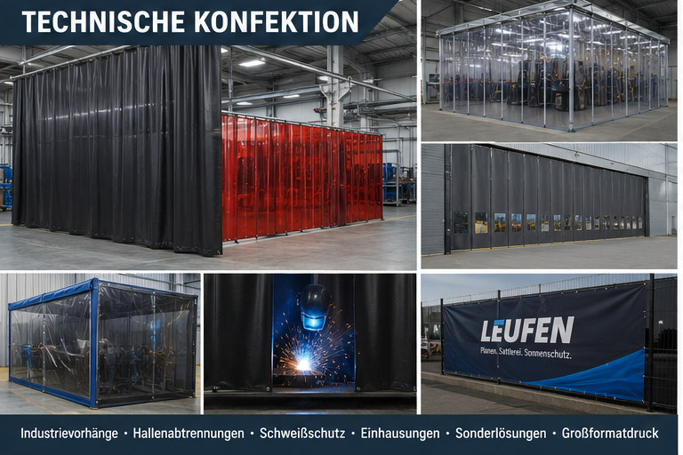 Collage technischer Textillösungen mit Großformatdruck, Industrievorhang und textiler Einhausung