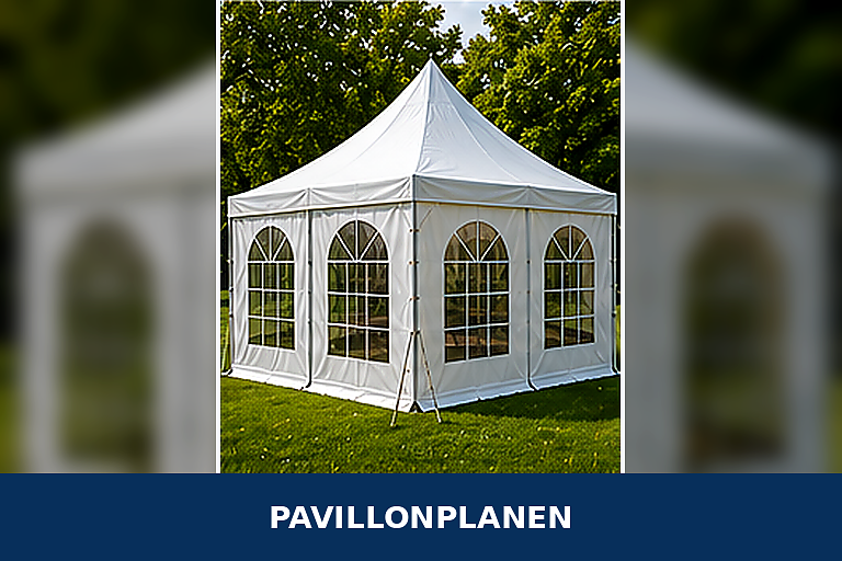 Wei&szlig;er Pavillon mit seitlichen Planenw&auml;nden und gr&uuml;nen unteren Abschl&uuml;ssen