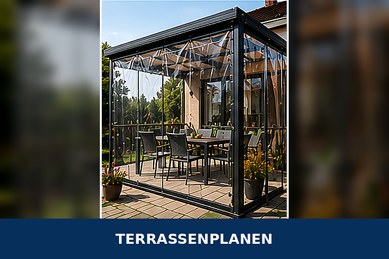 Terrassenüberdachung mit transparenten Terrassenplanen als Wind- und Wetterschutz