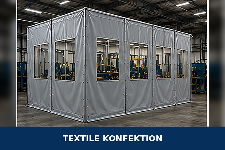 "Textile Sonderlösung als transparente Einhausung in einer Produktionshalle